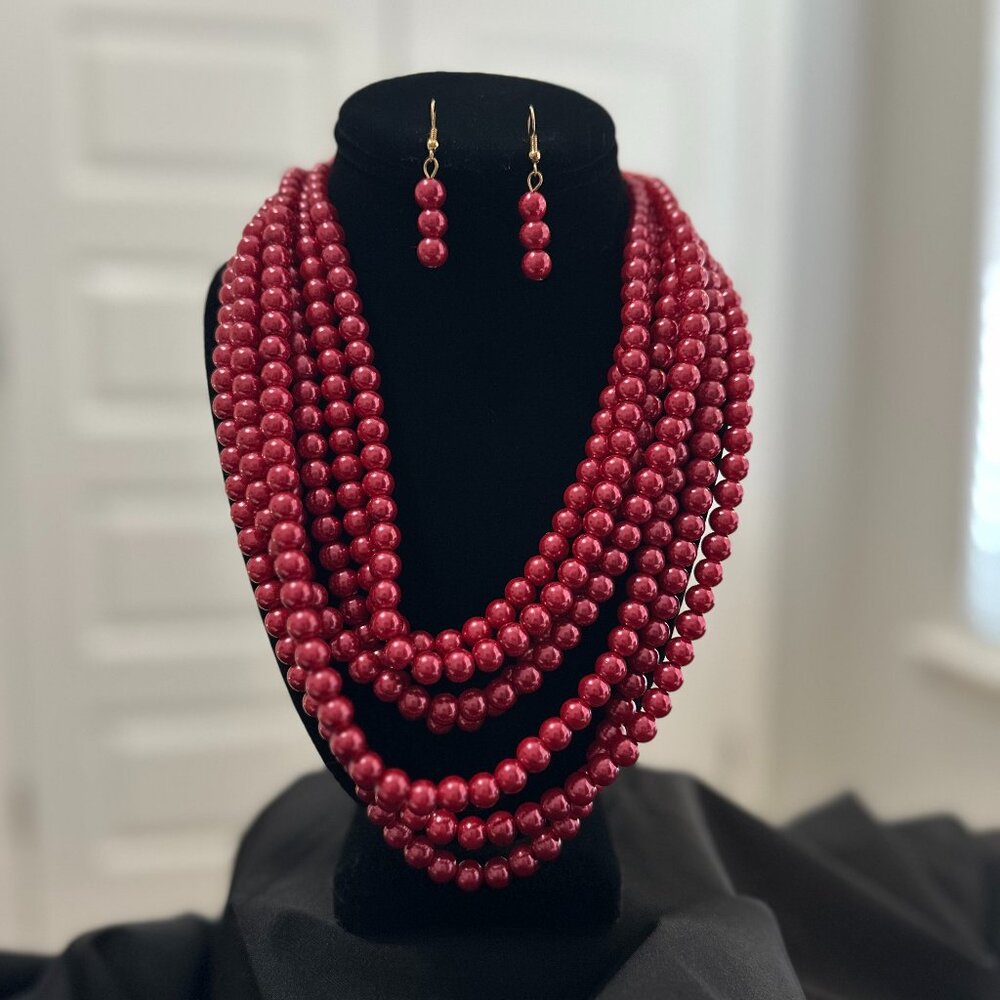 NWOT Red Pearl Necklace (7 in 1) with Earrings